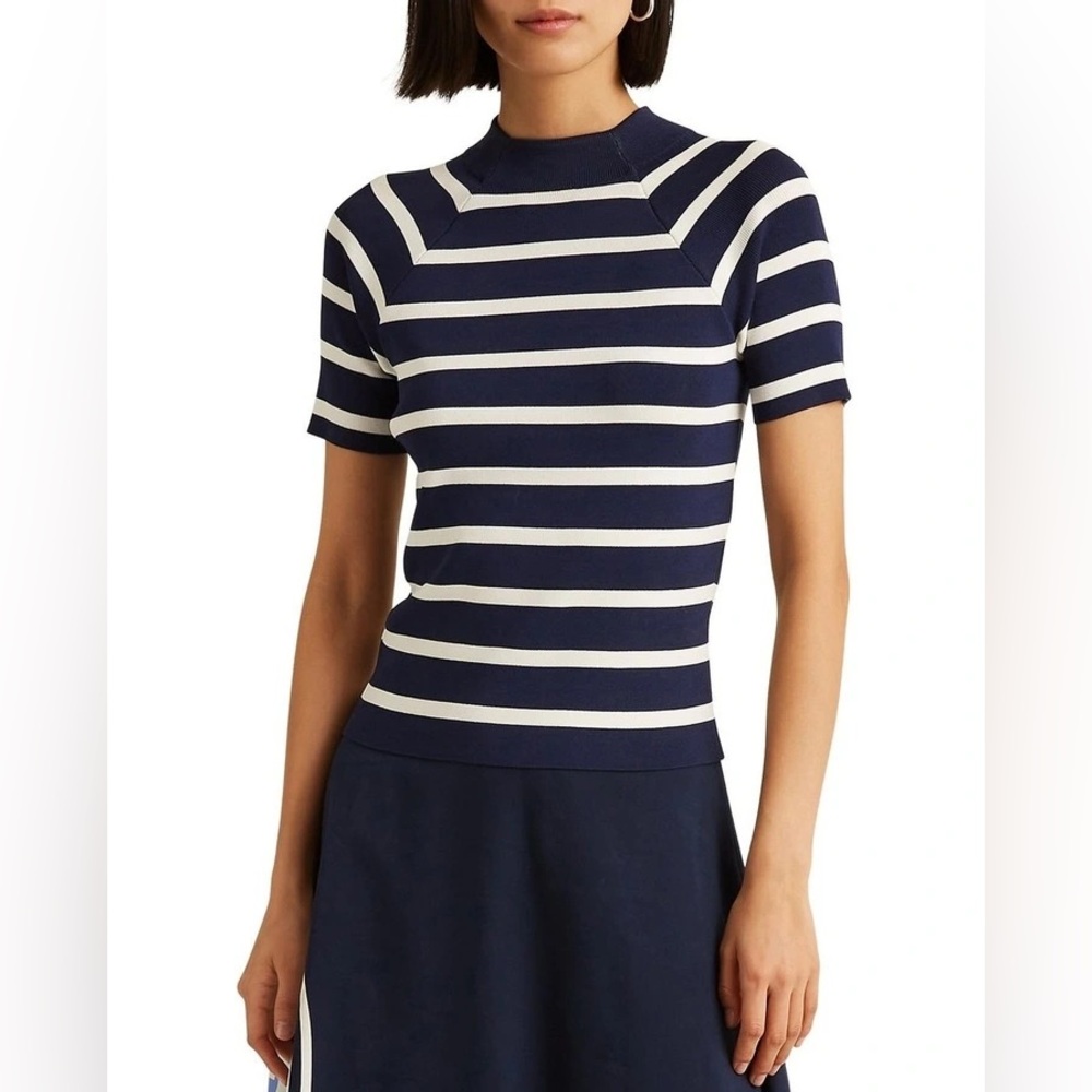 NWT Lauren Ralph Lauren Striped Nautical Coastal Mock Neck Sweater Top Knit 1X